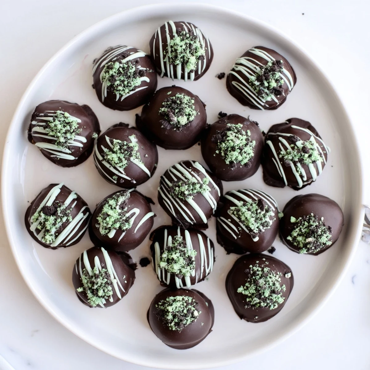 Homemade mint Oreo truffles sprinkled with green-tinted white chocolate drizzle on parchment paper