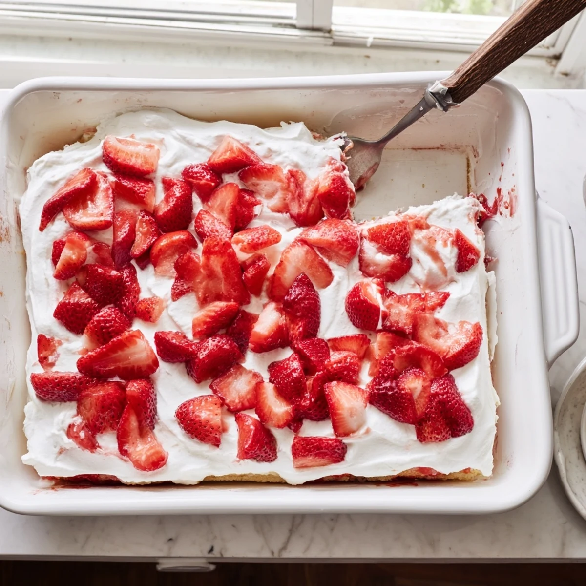White frosted strawberry shortcake sheet cake decorated with juicy sliced strawberries on top