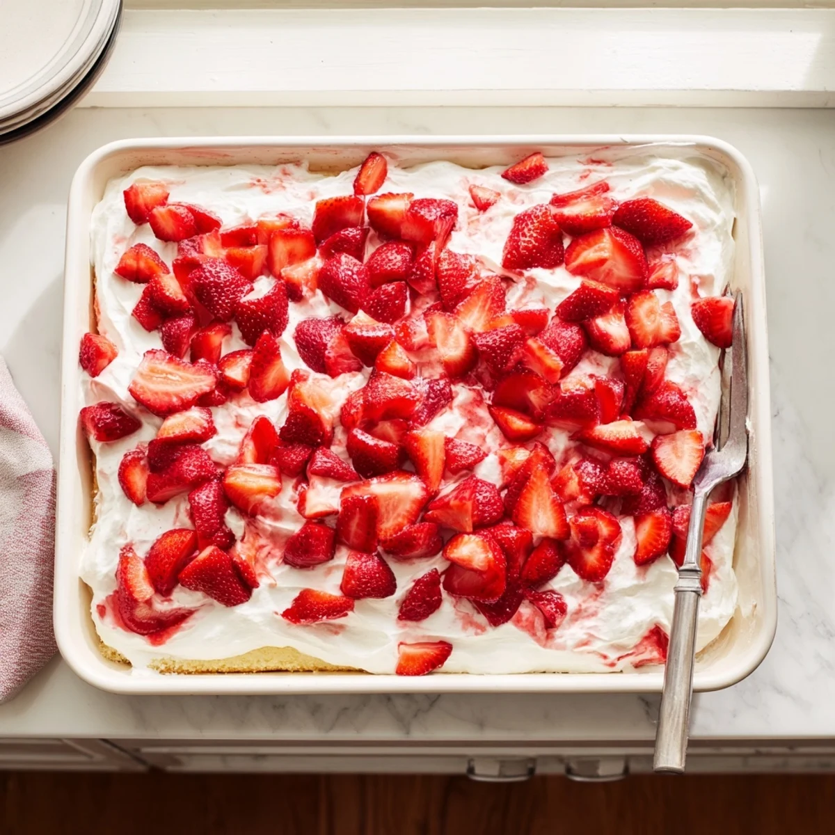 Golden strawberry shortcake sheet cake topped with fluffy whipped cream and fresh red berries