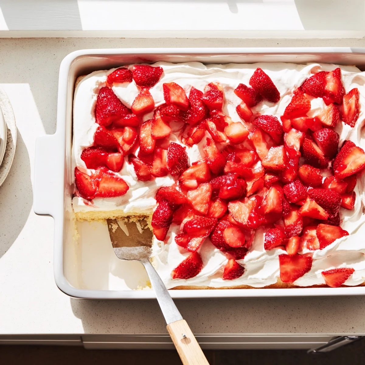 Square slice of strawberry shortcake sheet cake showing vanilla sponge layered with sweet cream