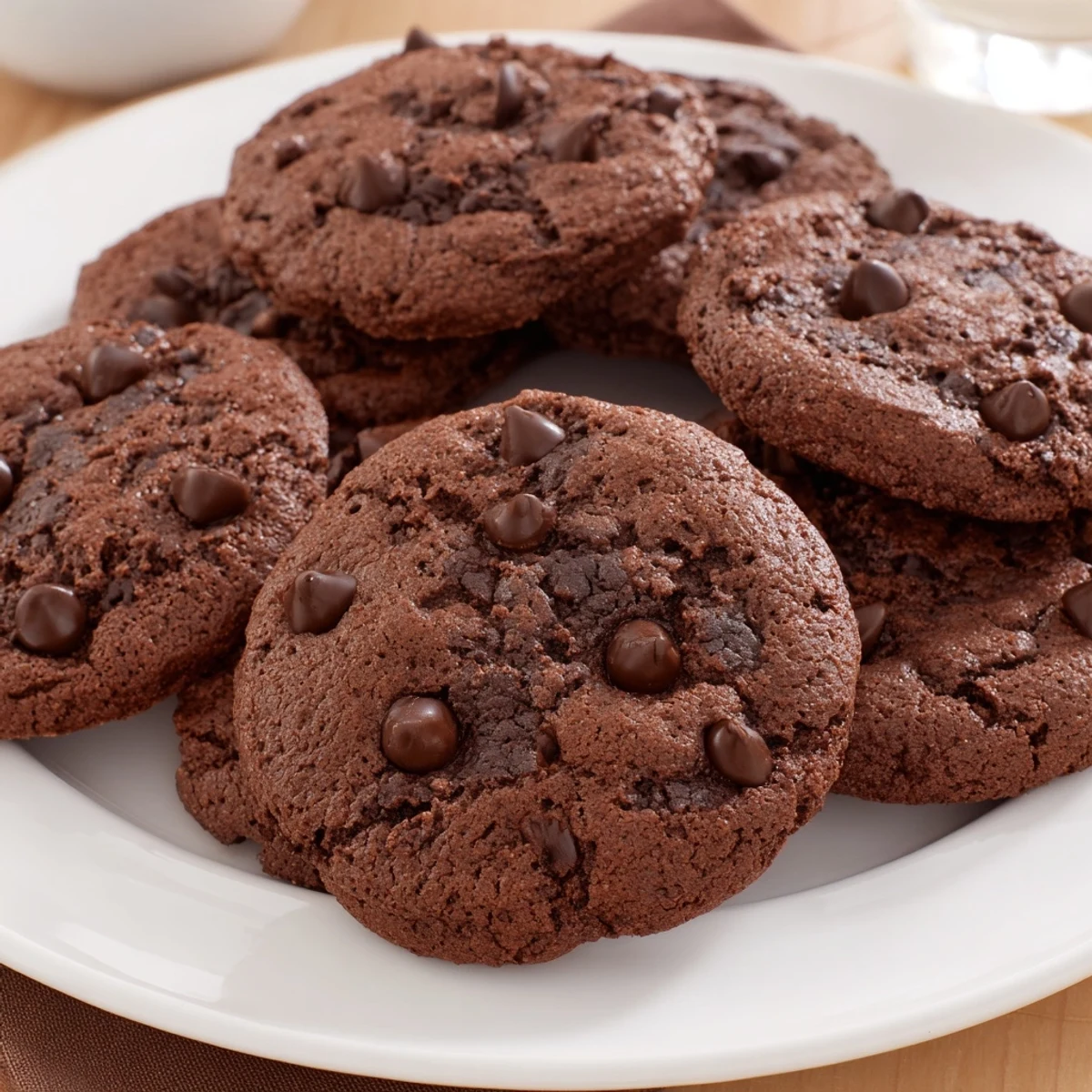 Freshly baked chocolate espresso cookies with melted chips on a cooling rack