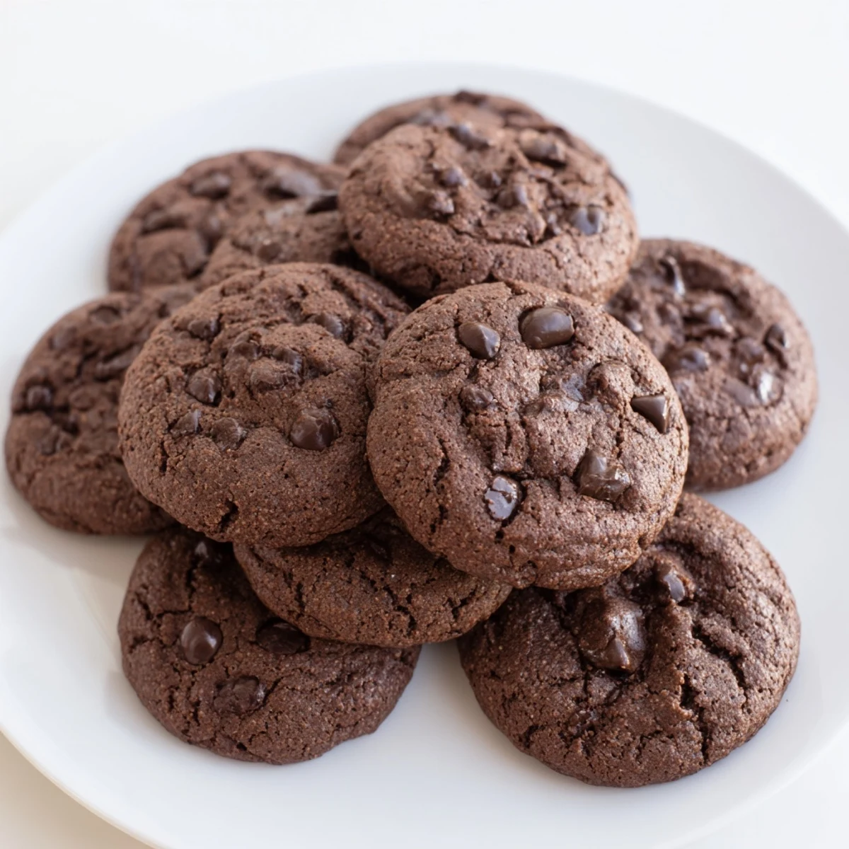 Chewy dark chocolate espresso cookies stacked on a white plate for serving