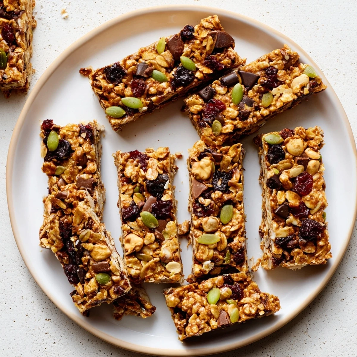 Golden brown homemade granola bars studded with melted chocolate chips and chopped nuts