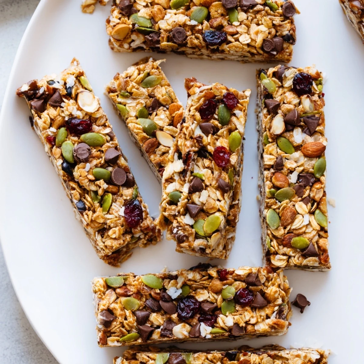 Homemade granola bars stacked on a wooden board with honey drizzled generously over top
