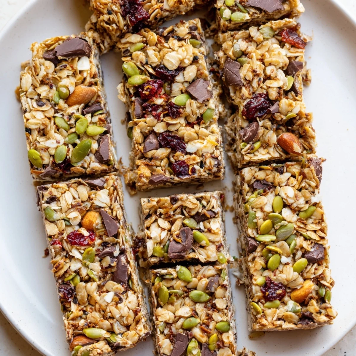 Chewy healthy granola bars sliced into squares with visible oats and dried cranberries
