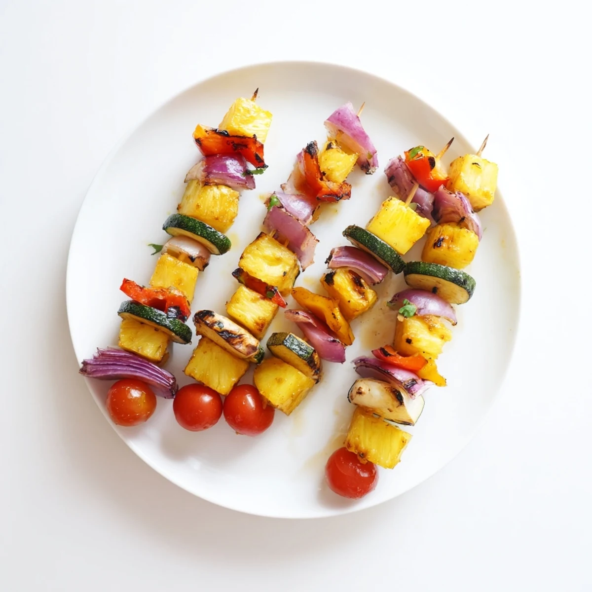 Vibrant pineapple vegetable skewers with charred red onion and cherry tomatoes fresh from the grill