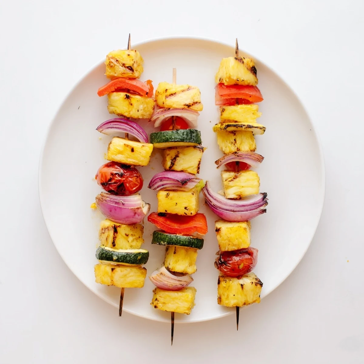 Golden grilled pineapple vegetable skewers featuring colorful bell peppers and zucchini on metal skewers