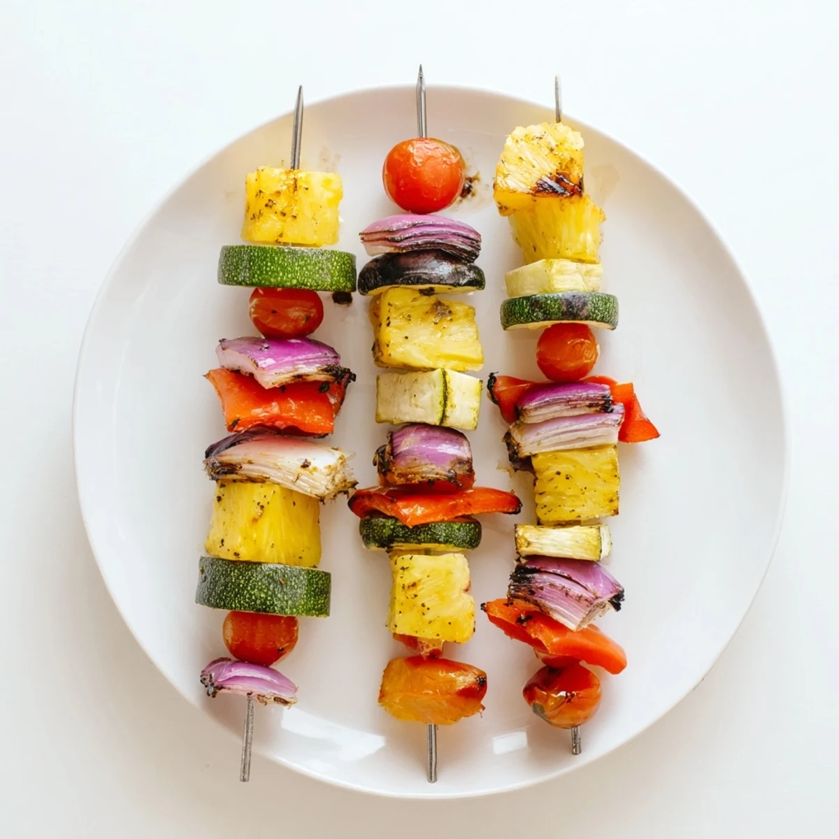 Tasty grilled pineapple vegetable skewers arranged on a serving plate with fresh lime garnish