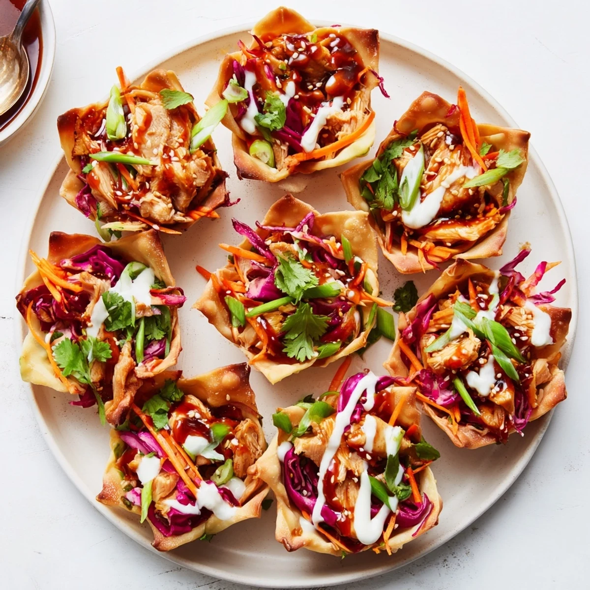 Fusion appetizer featuring tender marinated chicken in fried wonton shells with fresh crunchy vegetable topping