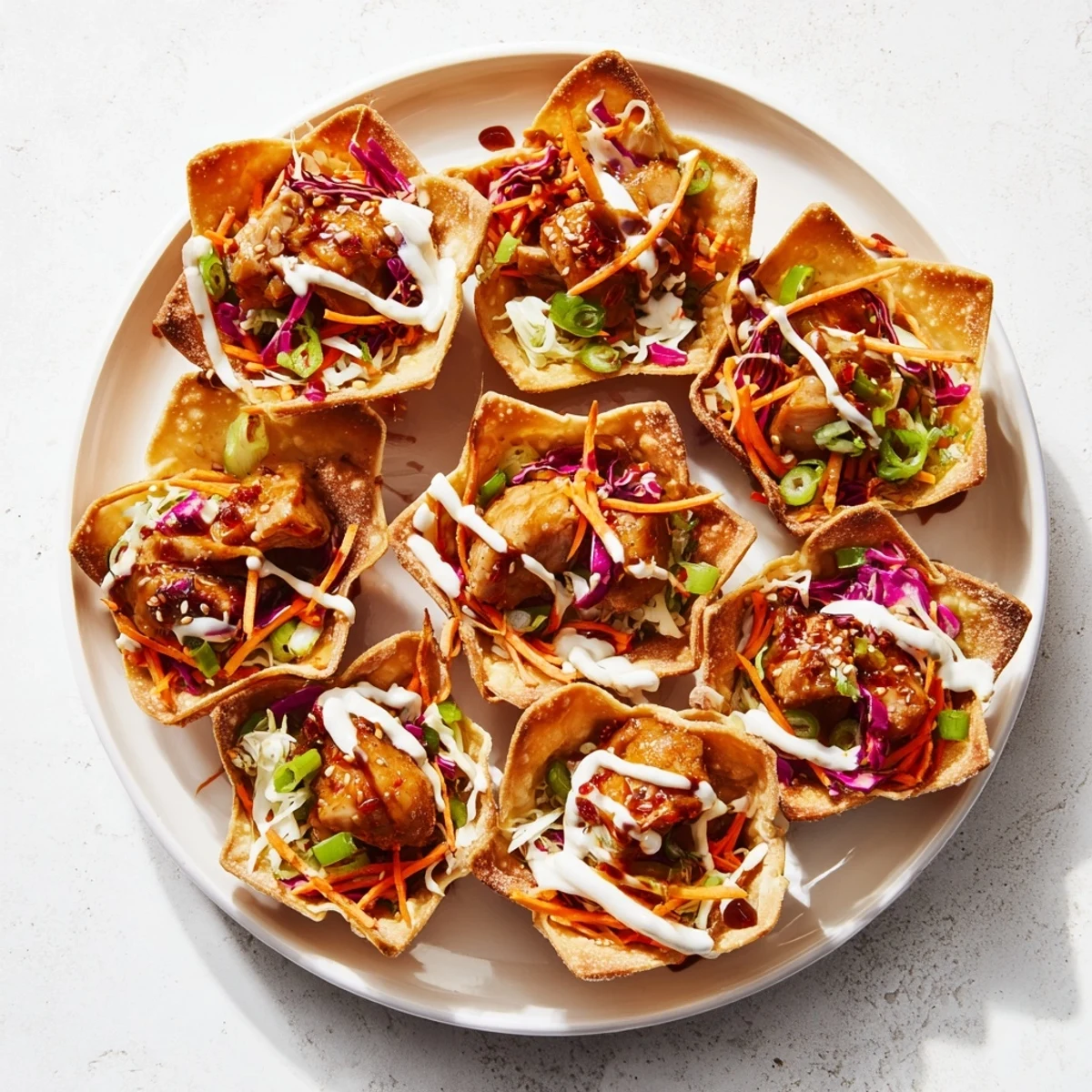 Crispy wonton taco shells filled with savory Asian chicken and topped with tangy red cabbage slaw