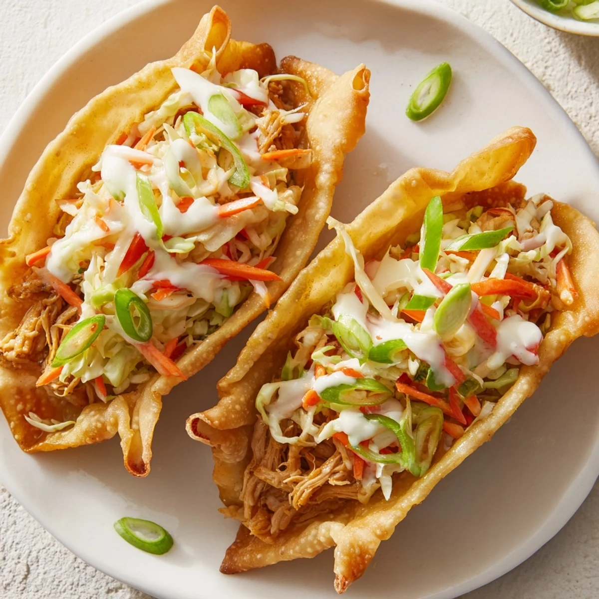 Crispy chicken wonton tacos topped with colorful tangy slaw and zesty sriracha drizzle