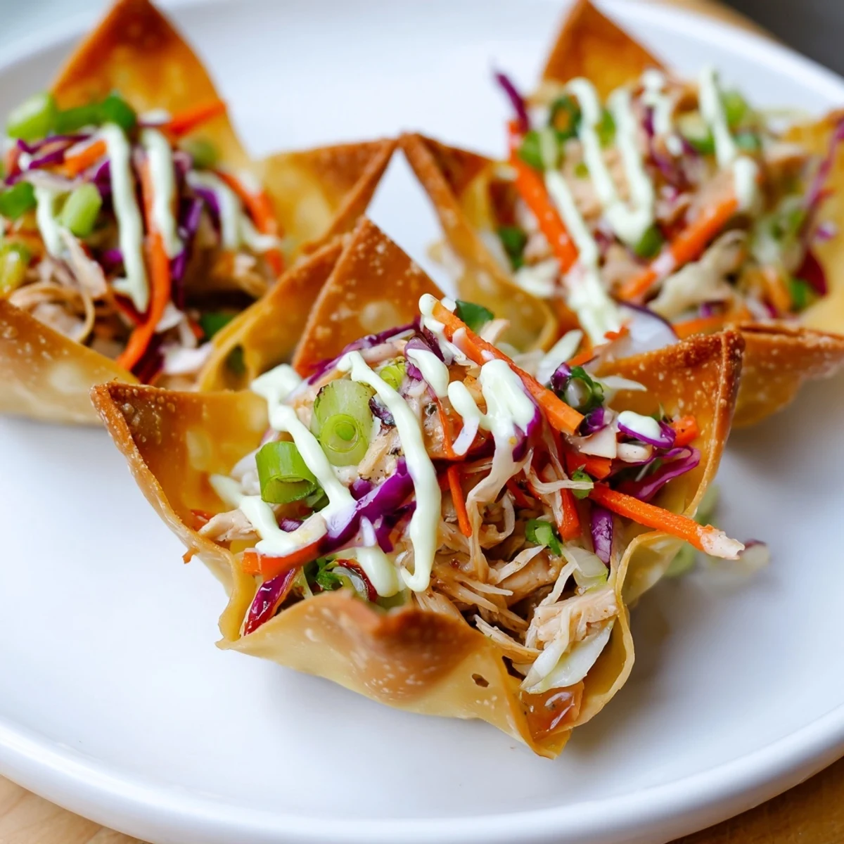 Mini Asian fusion tacos featuring juicy marinated chicken with spicy mayo and colorful vegetables