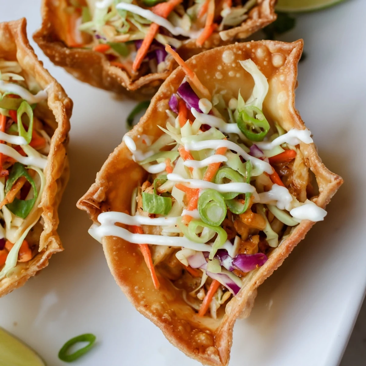 Golden baked wonton shells filled with savory seasoned chicken and fresh crunchy cabbage slaw
