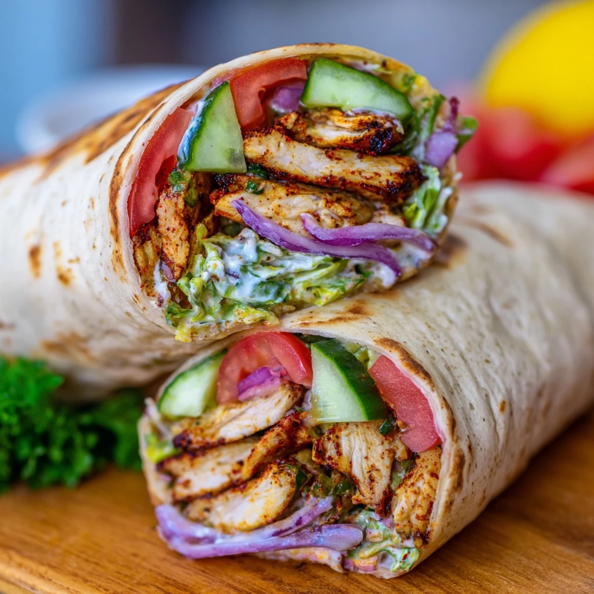 Golden spiced garlic chicken shawarma wrap sliced open revealing juicy seasoned meat and crisp vegetables inside warm flatbread