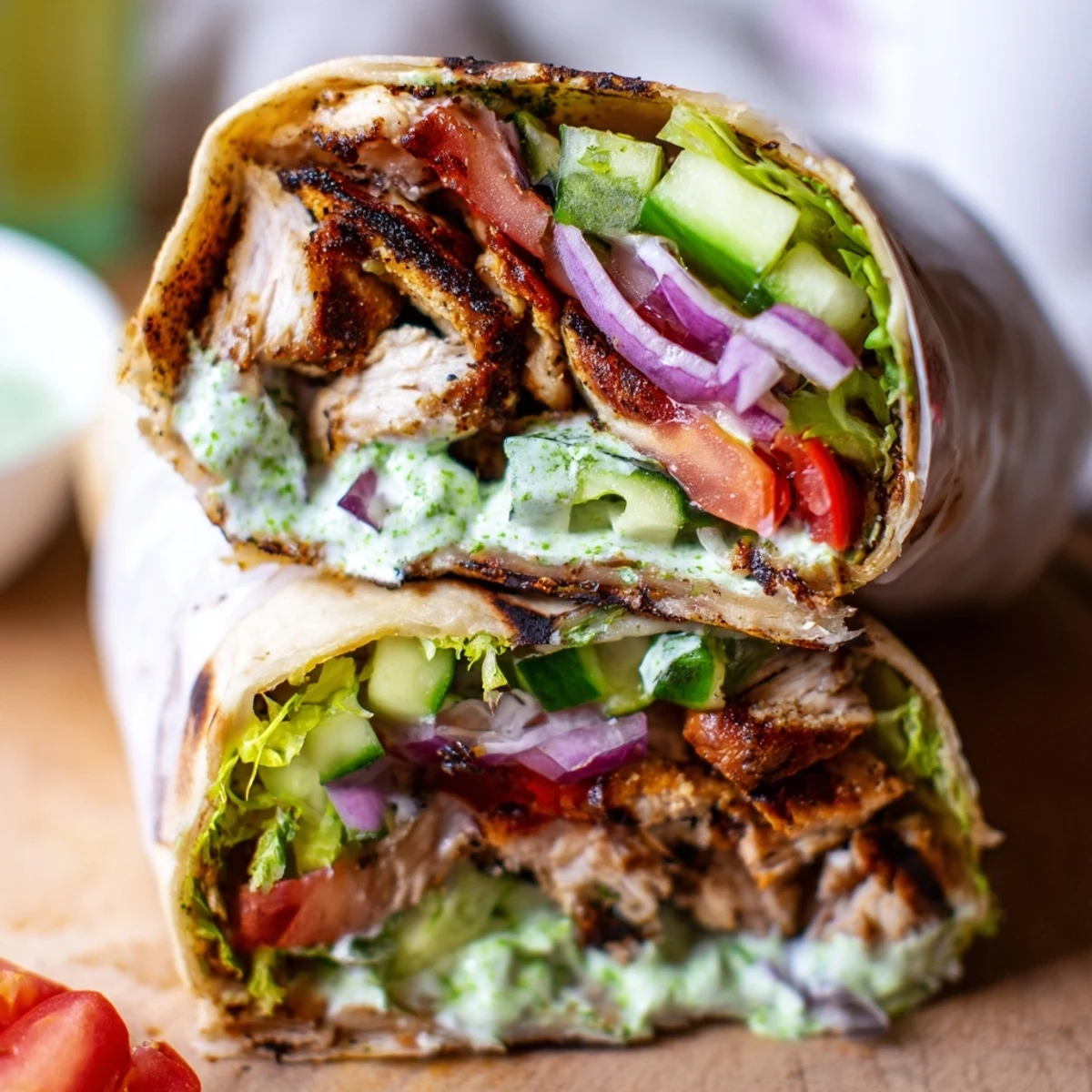 Mouthwatering chicken shawarma wrap filled with aromatic spiced garlic chicken fresh tomatoes cucumber and creamy garlic sauce