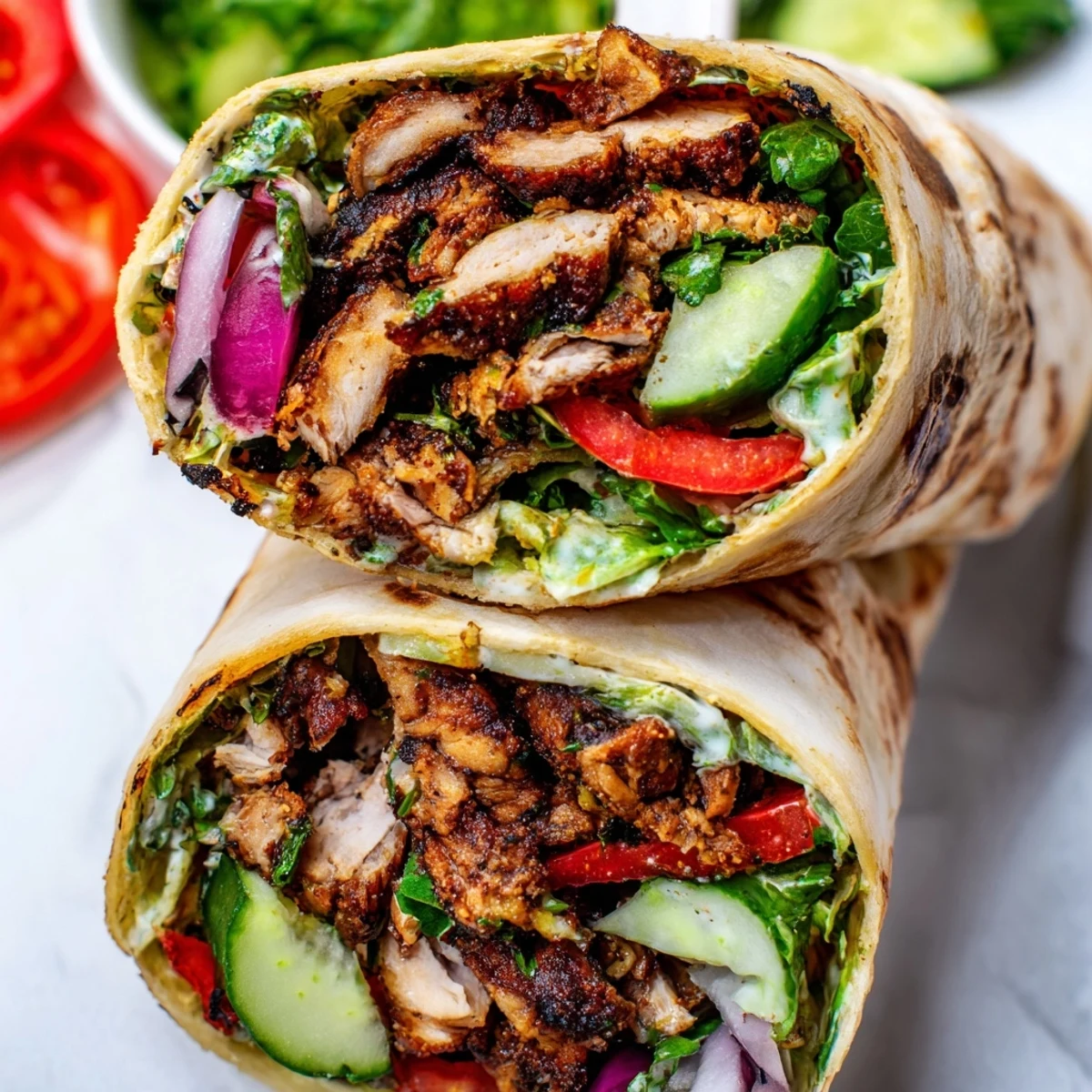Close-up of garlic chicken shawarma wrap showcasing tender marinated chicken thighs crunchy lettuce and drizzled white sauce