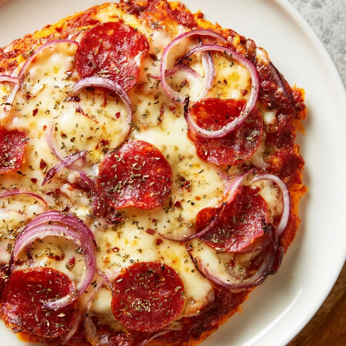 Golden pepperoni hot honey pizza with sweet potato crust features bubbling mozzarella and spicy honey drizzle