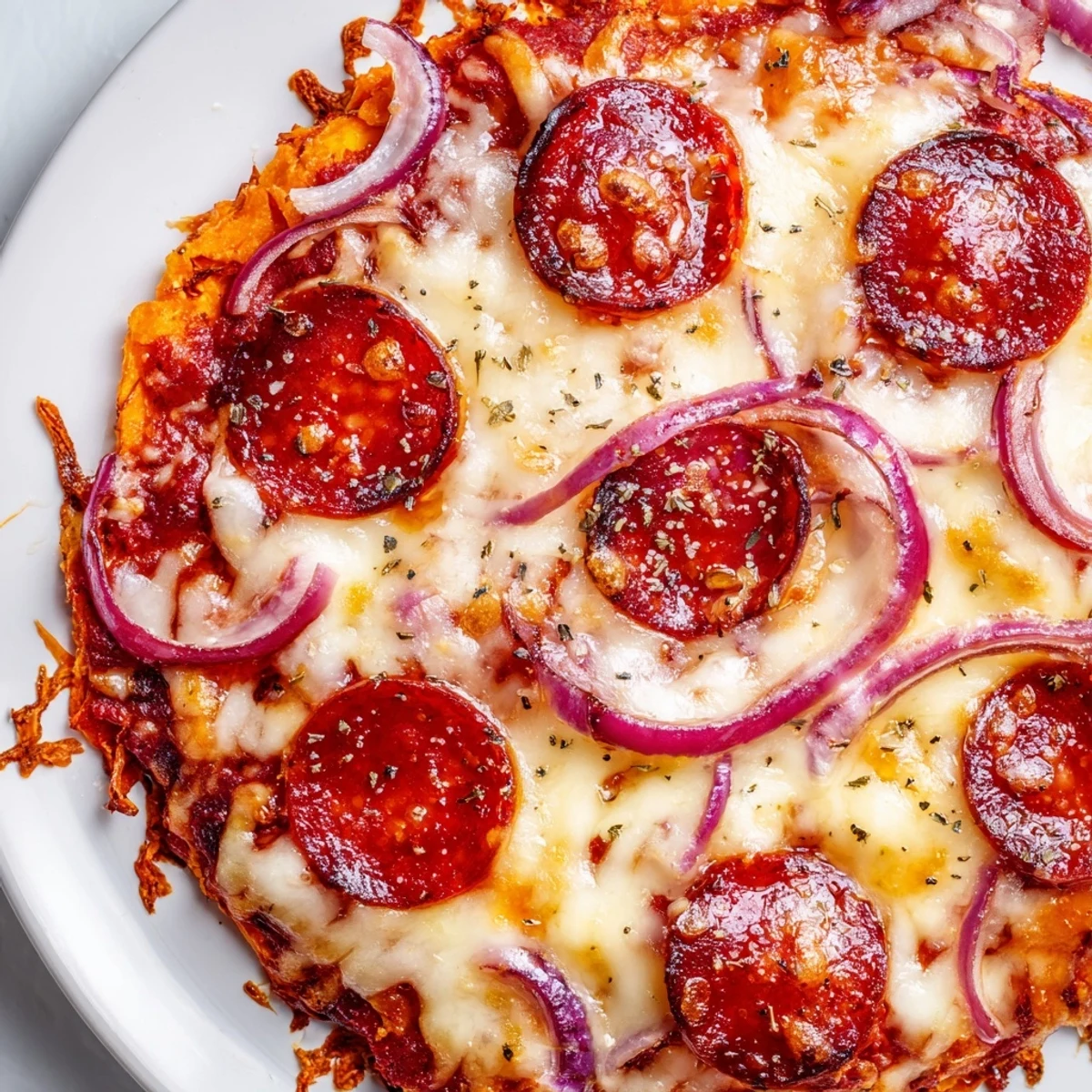 Gluten-free sweet potato crust pizza topped with zesty pepperoni slices and finished with chili-infused honey