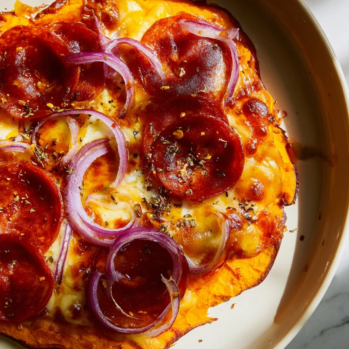 Sliced pepperoni and melted mozzarella on orange sweet potato crust drizzled with sweet spicy honey glaze