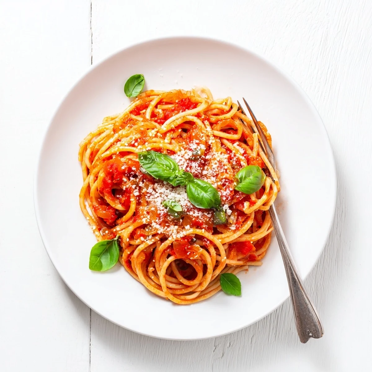 Golden strands of al dente pasta coated in rich red tomato sauce with melted Parmesan