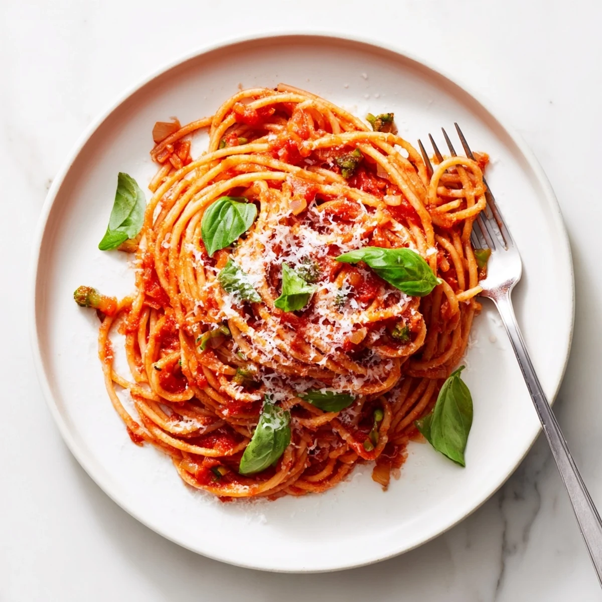 Italian pasta dish featuring spaghetti in savory herb tomato sauce topped with fresh basil leaves