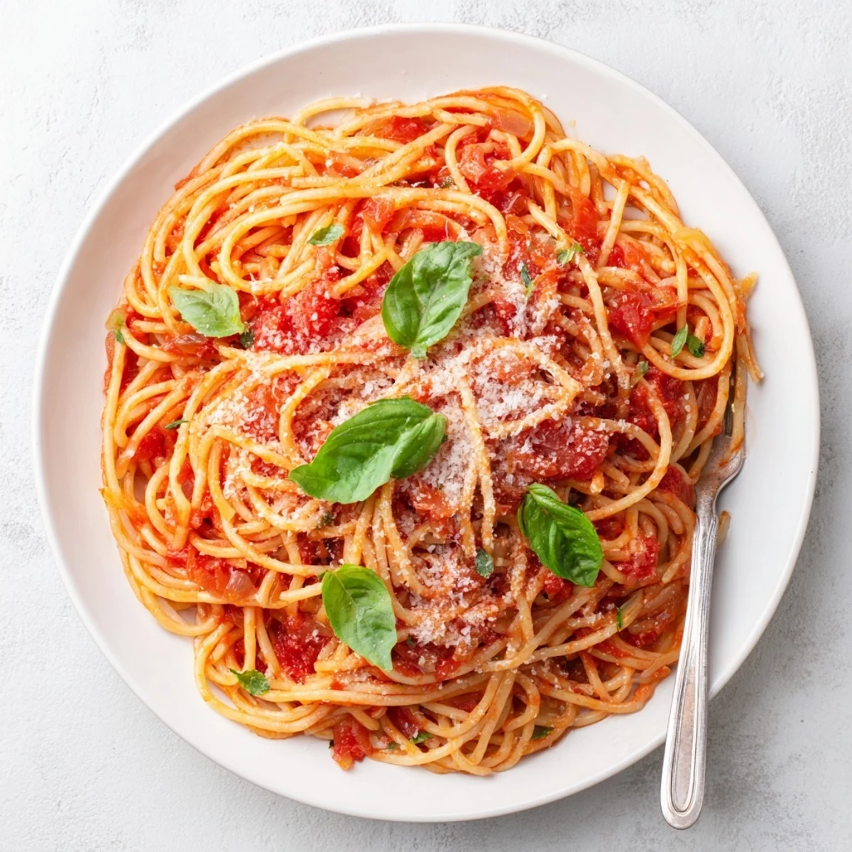 Comforting bowl of pasta tossed in aromatic tomato sauce and sprinkled with grated Parmesan cheese