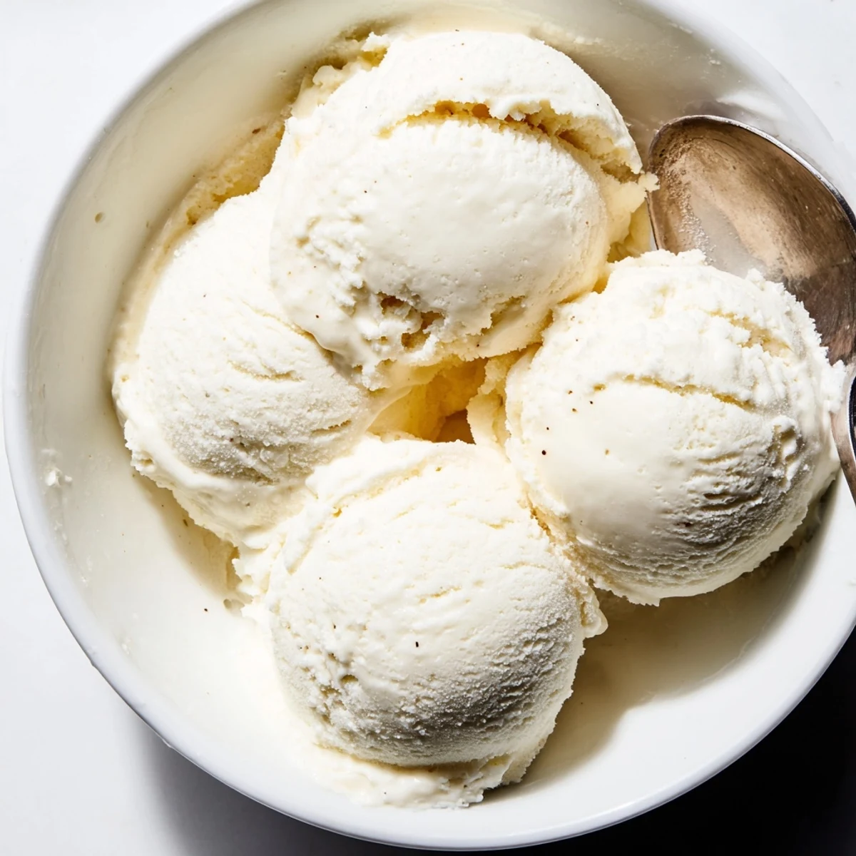 Rich vanilla ice cream recipe with custard base swirled into perfect scoops on cone