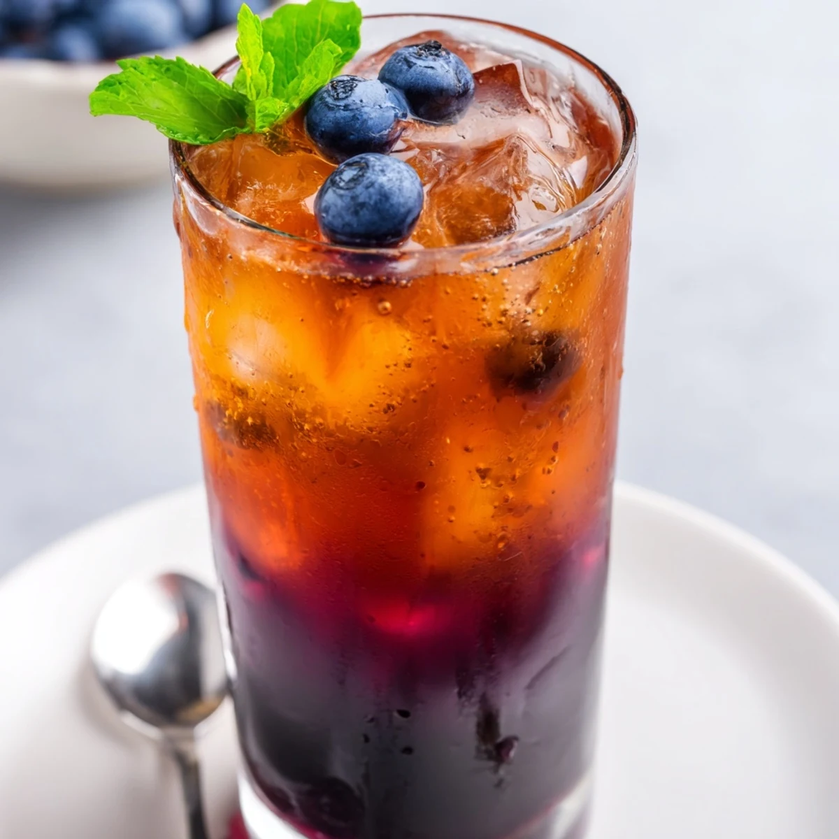 Creamy Blueberry Milk Tea Cooler garnished with mint, perfect summer patio sip