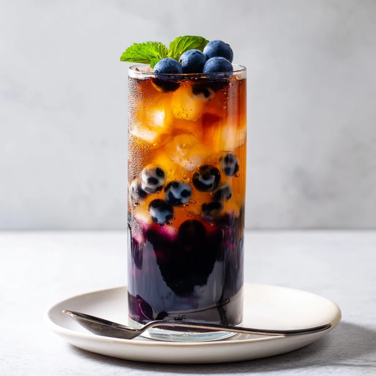 Homemade Blueberry Milk Tea Cooler: sweet-tart syrup stirred into cold black tea