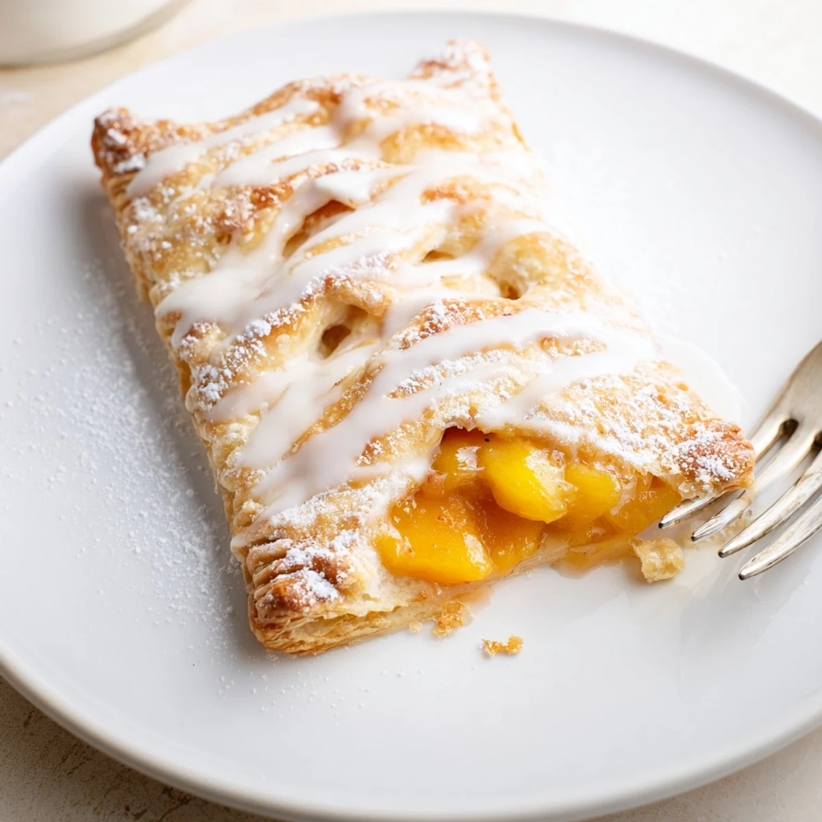Stacked Peach Pop Tarts Classic beside iced coffee for breakfast, powdered glaze
