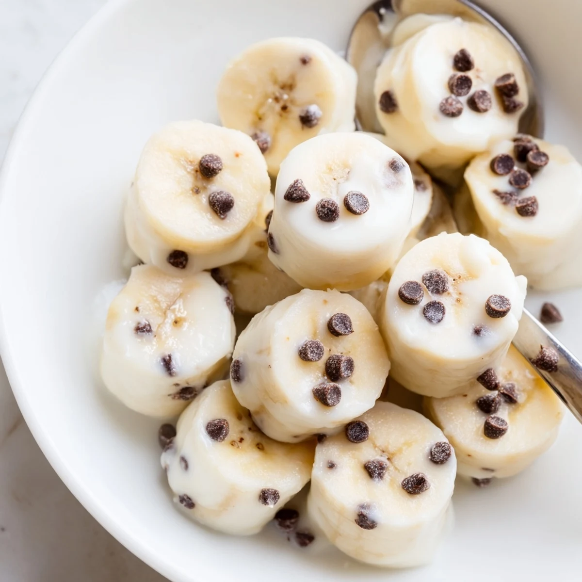 Frozen Banana Yogurt Bites on parchment lined tray, creamy, icy, sprinkled with chocolate