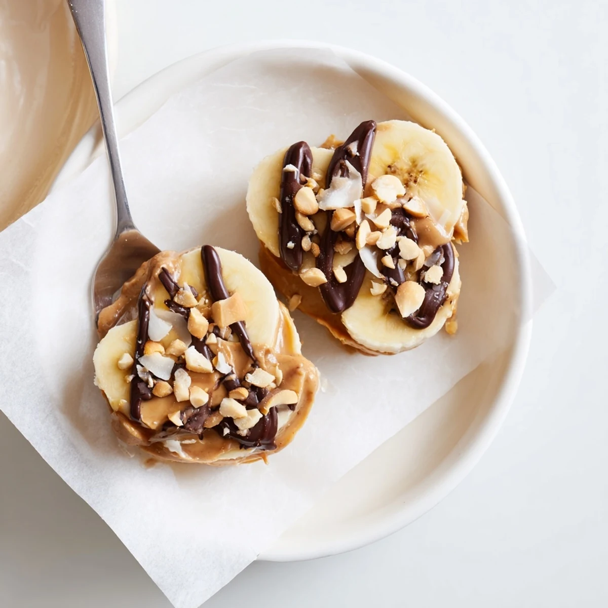 Frozen Chocolate Peanut Butter Banana rounds topped with shredded coconut and chopped peanuts.