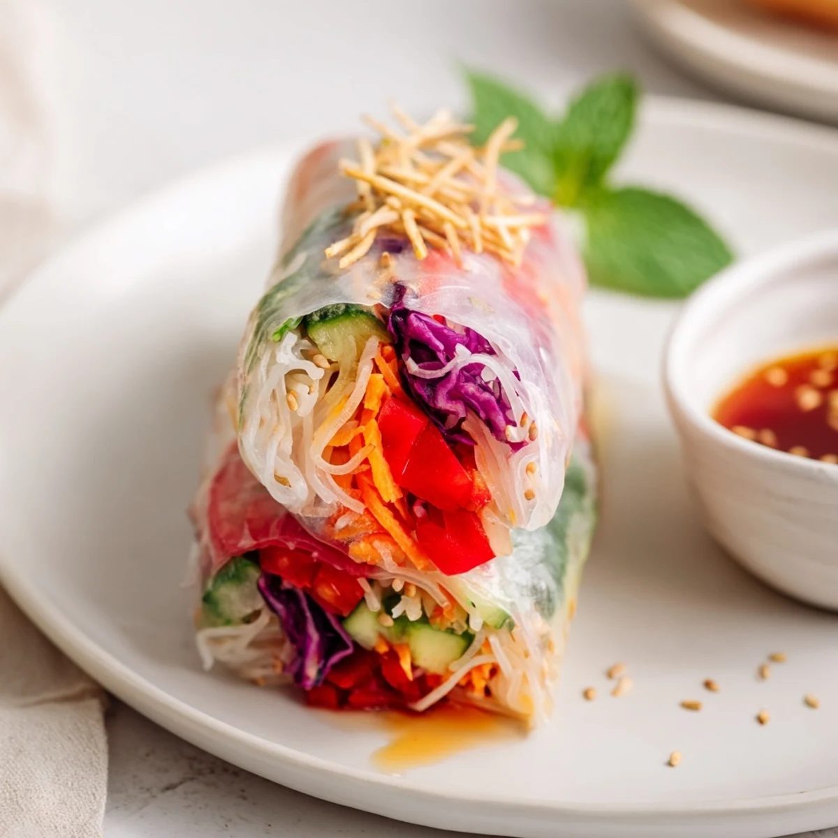 Crisp herb-filled rolls beside dipping sauce — Gluten Free Vegetable Spring Rolls