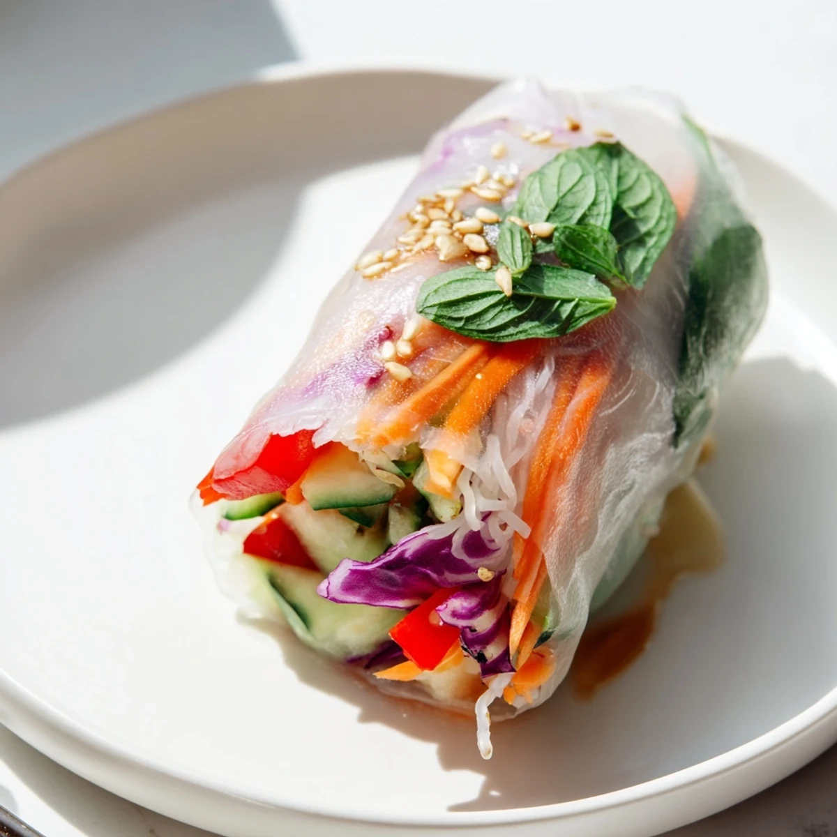 Gluten Free Vegetable Spring Rolls wrapped in delicate rice paper, garnished with sesame