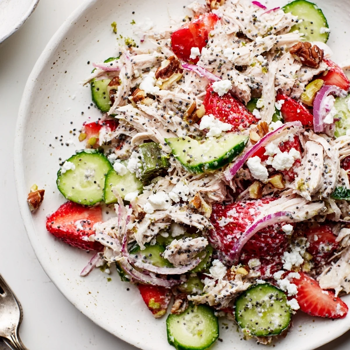 Bright Strawberry Poppy Seed Rotisserie Chicken Salad tossed in creamy honey dressing