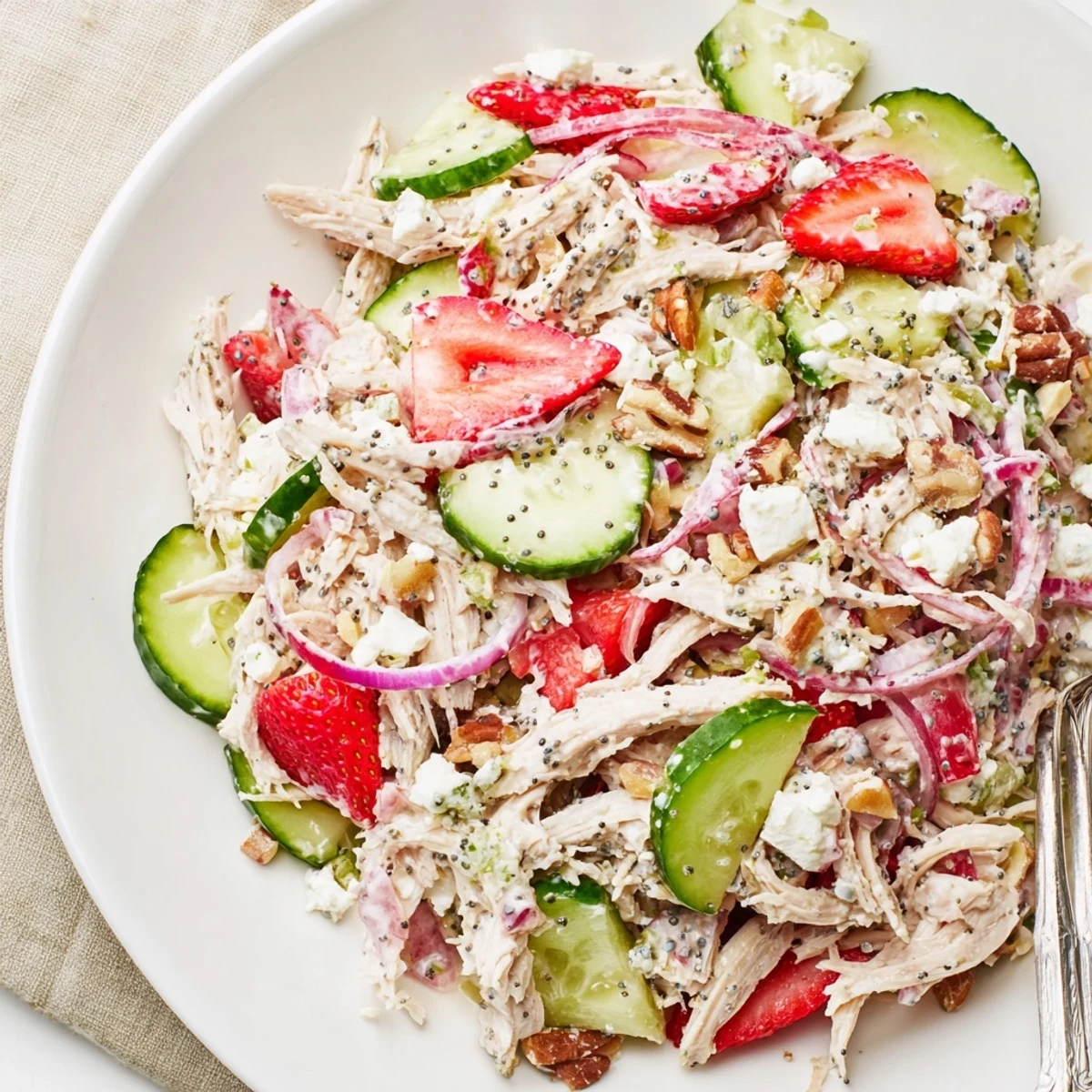 Chilled Strawberry Poppy Seed Rotisserie Chicken Salad served on mixed greens, feta