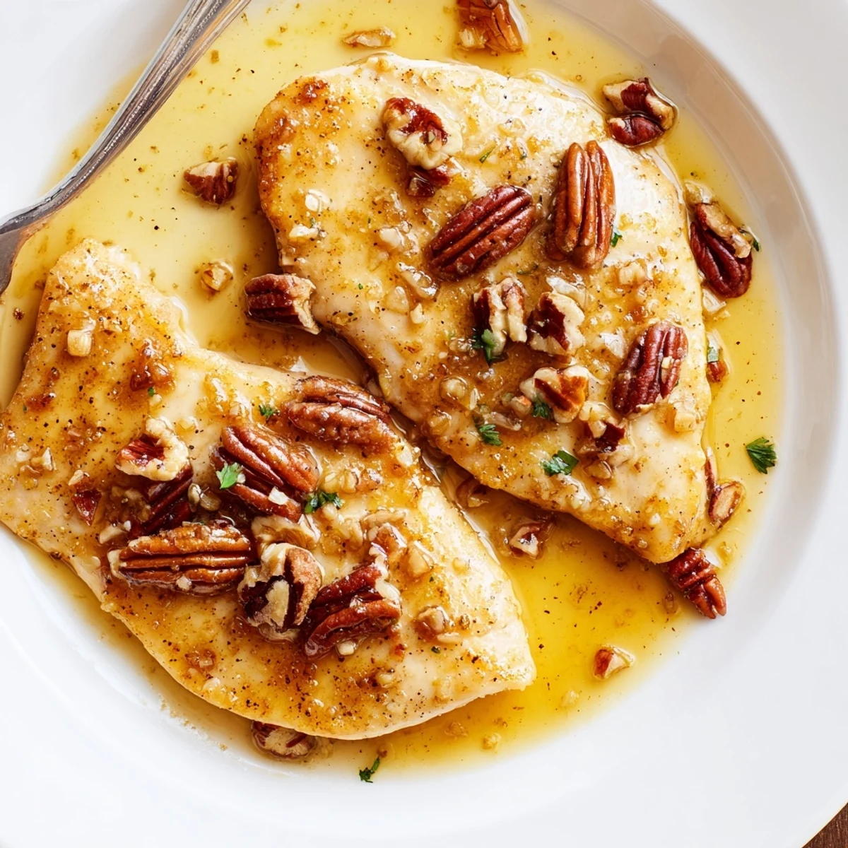 Sizzling skillet Honey Garlic Pecan Chicken topped with crunchy pecans and parsley