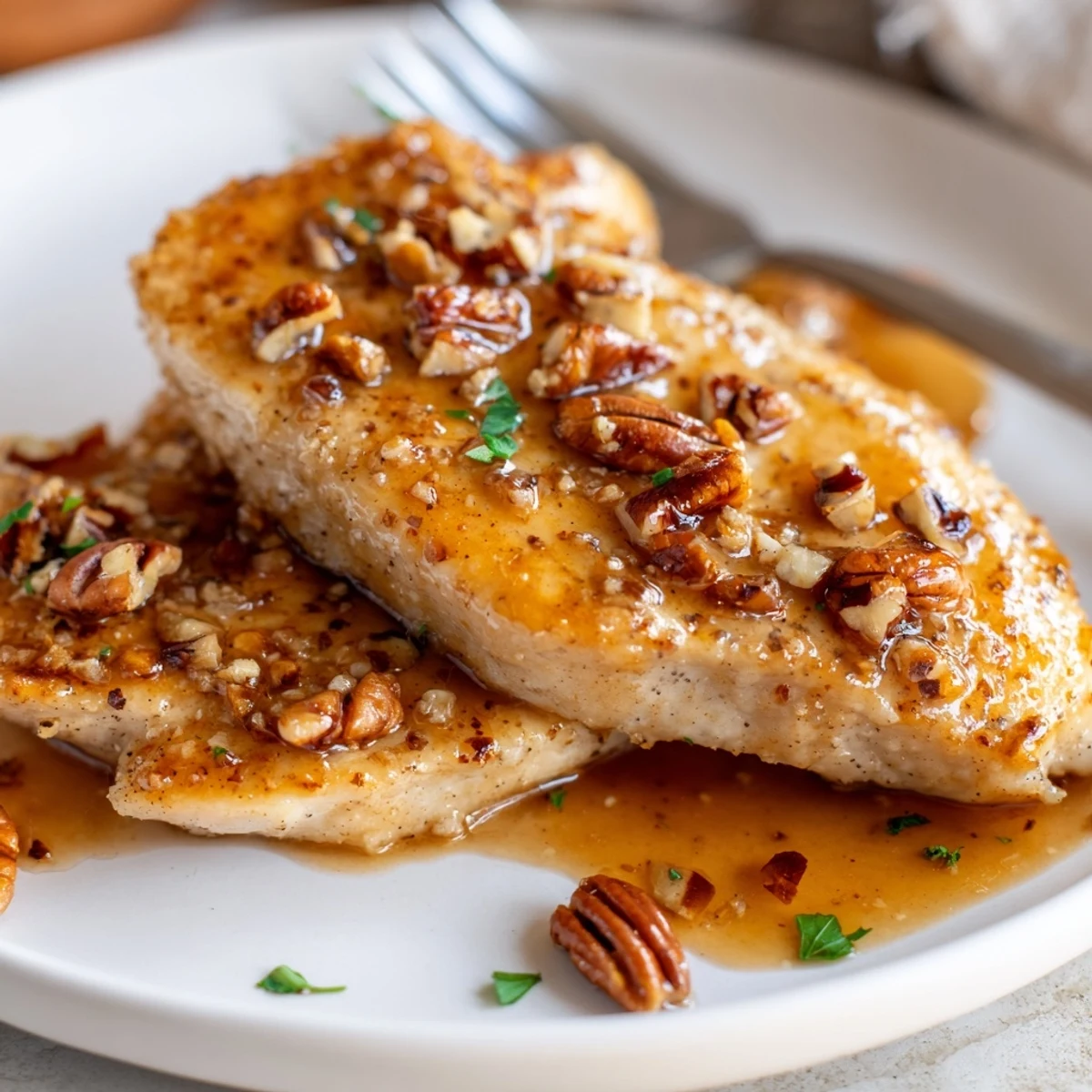 Golden seared Honey Garlic Pecan Chicken glazed with glossy sauce and toasted pecans