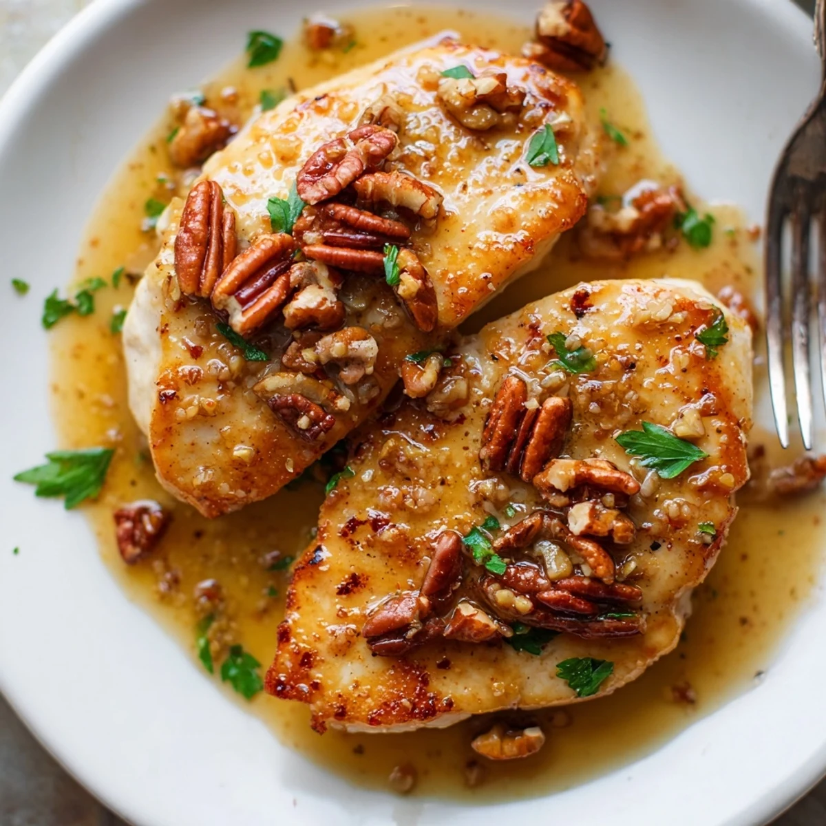 Fork tender Honey Garlic Pecan Chicken drizzled in sweet garlic honey sauce over rice