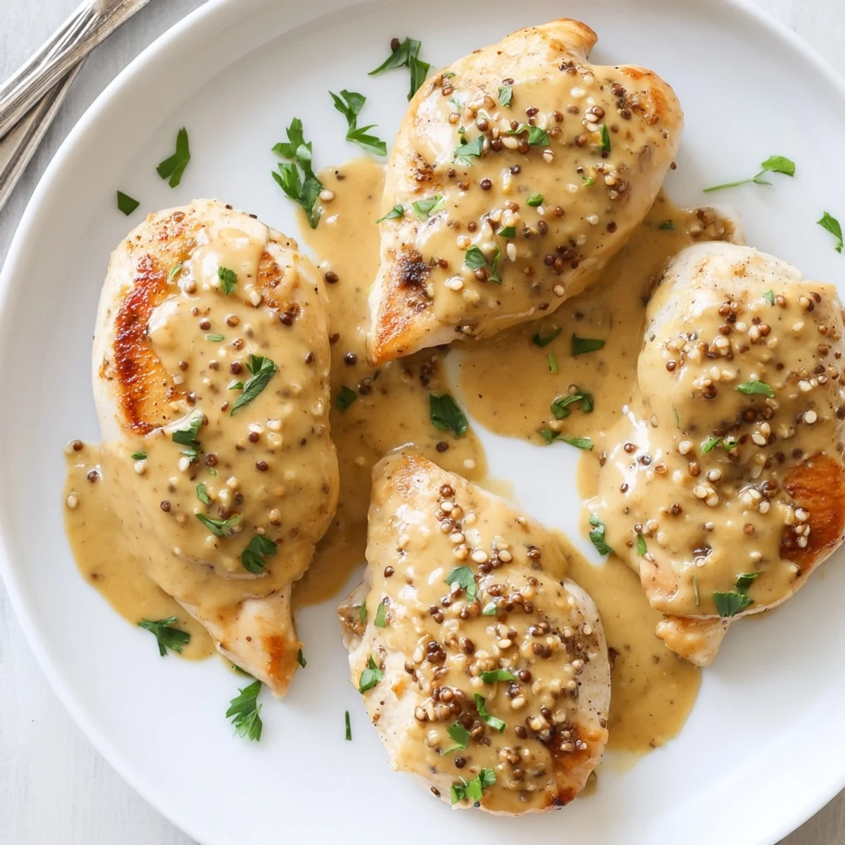 French Mustard Chicken in creamy Dijon sauce garnished with fresh parsley  