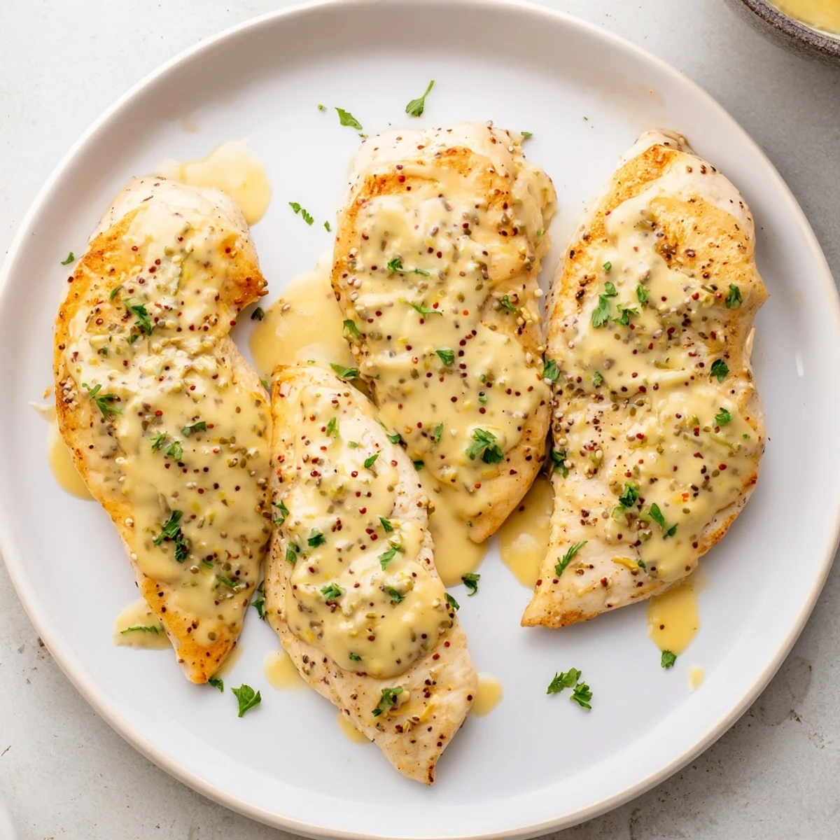 Seared French Mustard Chicken on skillet, honey-tinted cream sauce and tarragon  