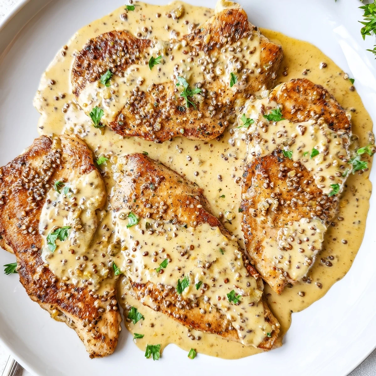 Comforting French Mustard Chicken served over mashed potatoes, silky mustard cream