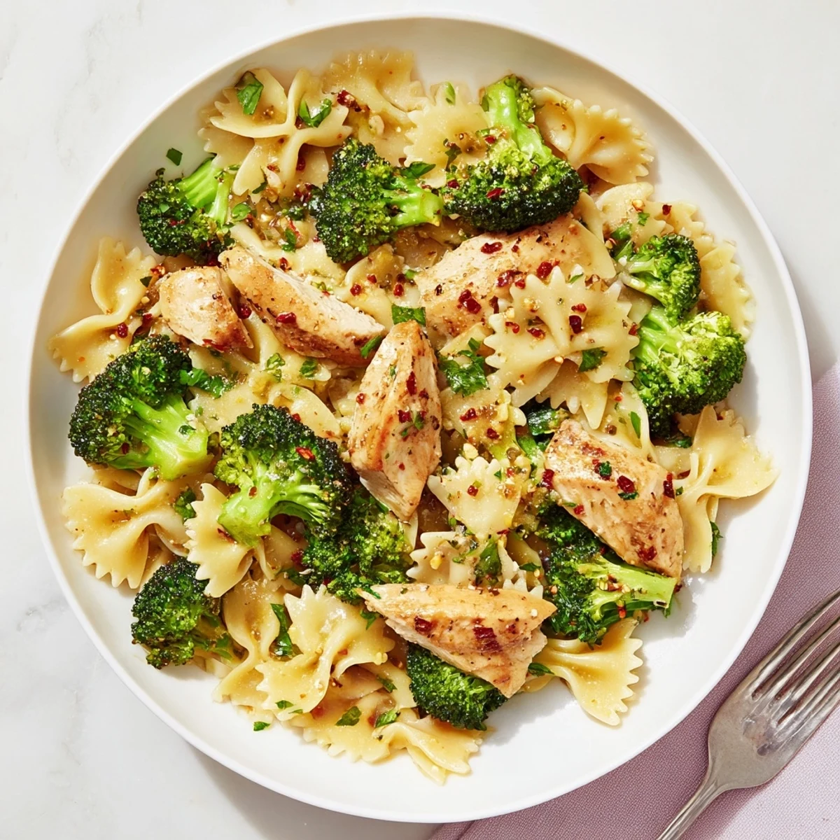 Golden sliced chicken resting atop lemony bowtie pasta with vibrant green broccoli florets