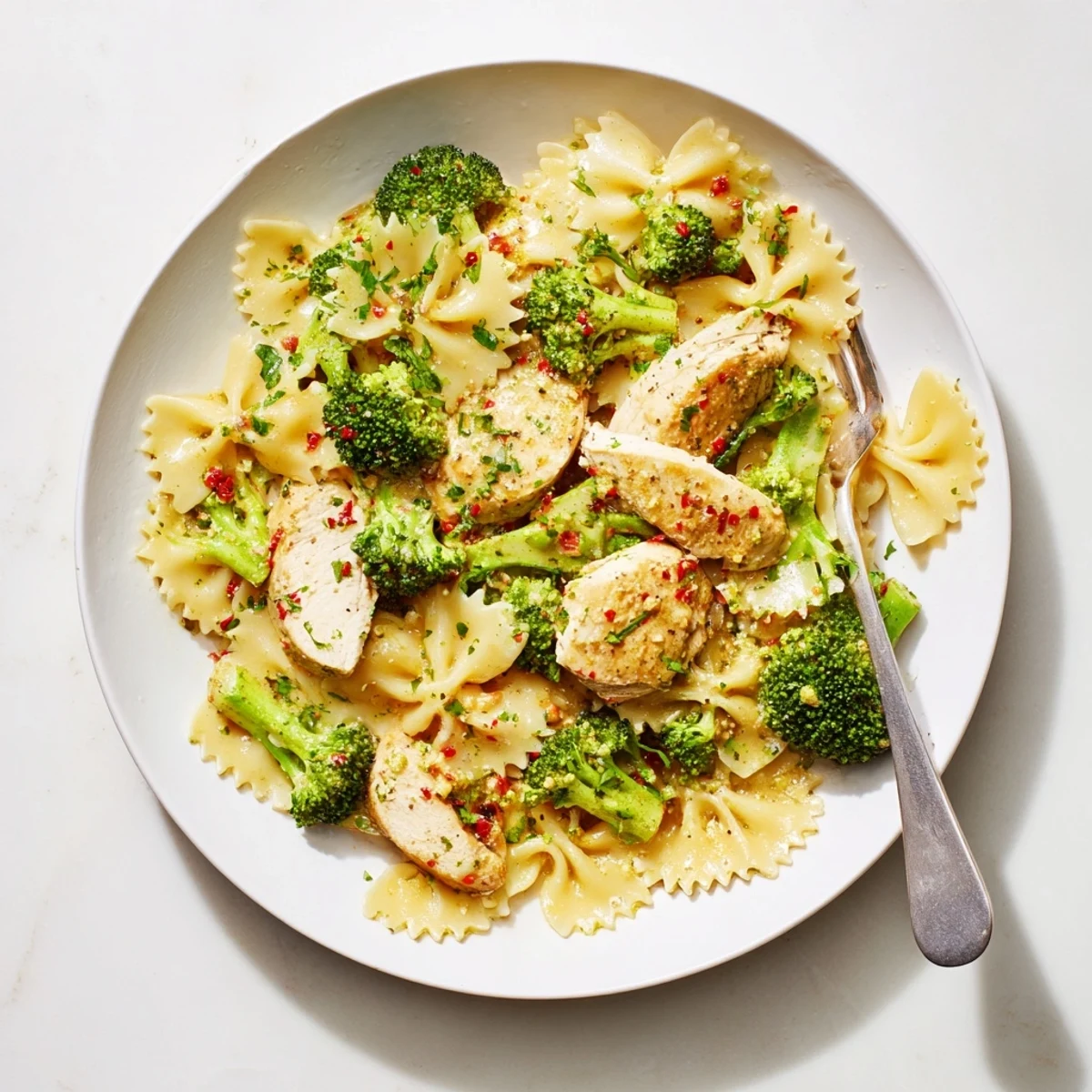Juicy cowboy butter chicken drizzled with zesty garlic sauce over bright pasta and crisp broccoli