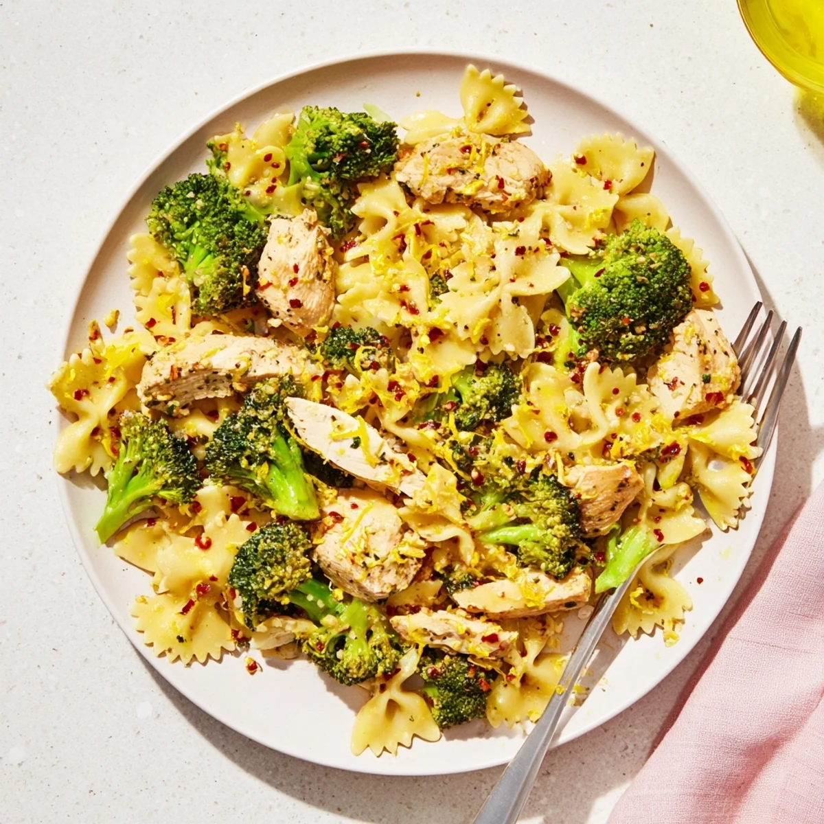 Sliced spiced chicken coated in melted herb butter served with lemon bowtie pasta and tender broccoli