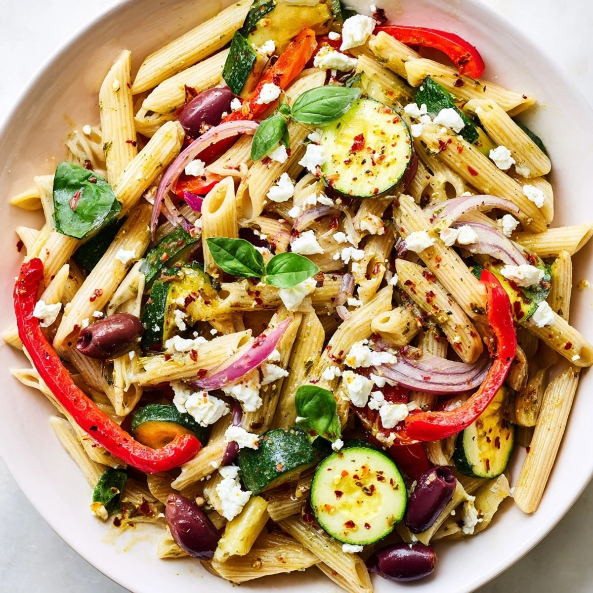 Golden penne pasta simmered with zucchini, bell peppers, cherry tomatoes, and aromatic herbs in one pot