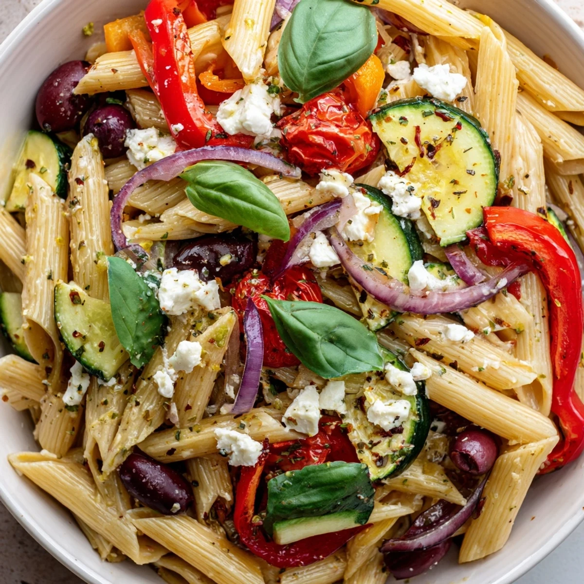 Mediterranean one pot pasta featuring colorful vegetables, olives, and melted feta cheese in a single skillet