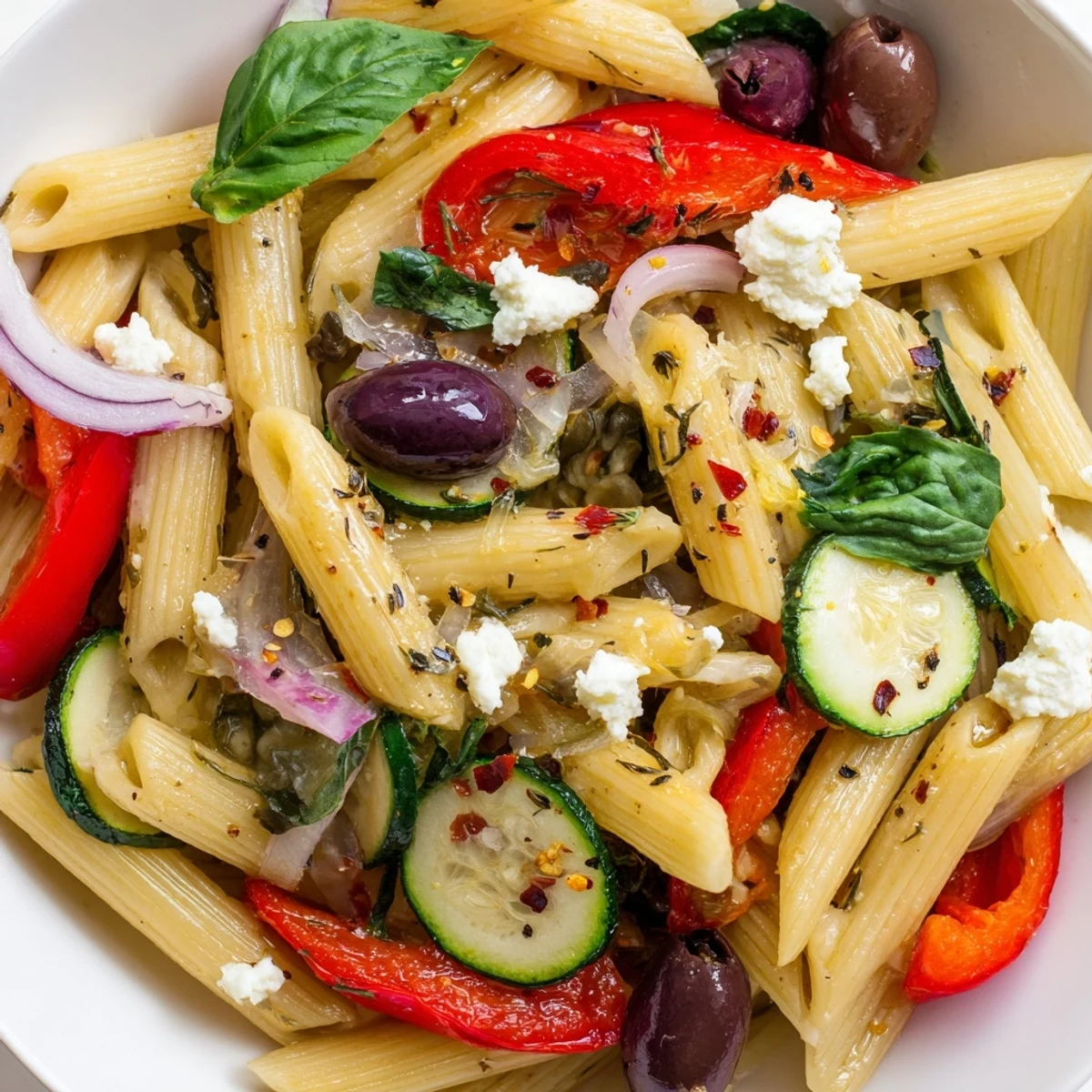 Vibrant Mediterranean one pot pasta topped with crumbled feta, fresh basil, and Kalamata olives