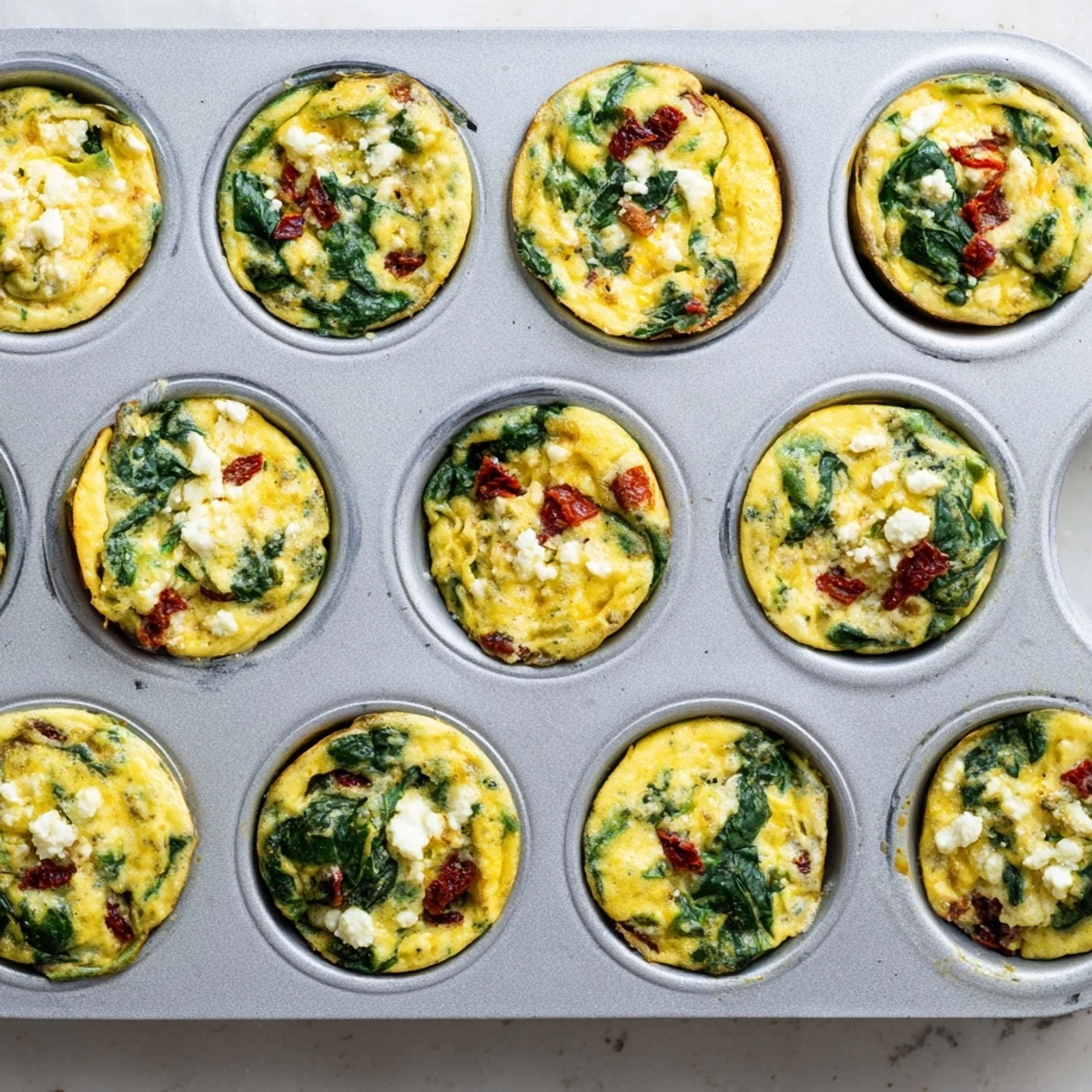 Savory Mediterranean egg muffin cups featuring spinach, feta and sun dried tomatoes in a muffin tin