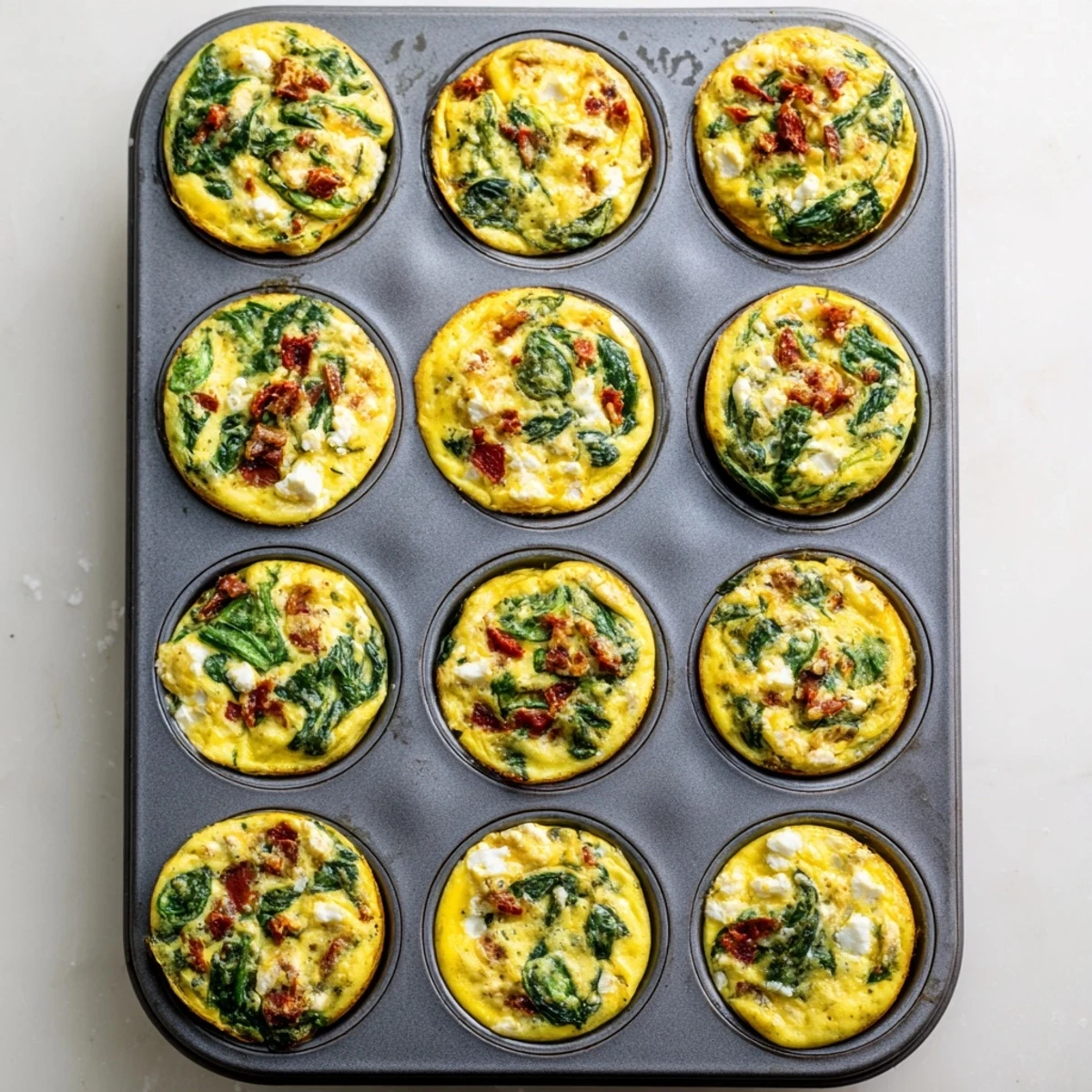 Golden spinach feta and sun dried tomato egg muffin cups fresh from the oven